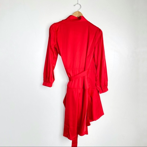 FEW MODA Satin Wrap Asymmetrical High Low Long Sleeve Ruffle Dress - Picture 4 of 9